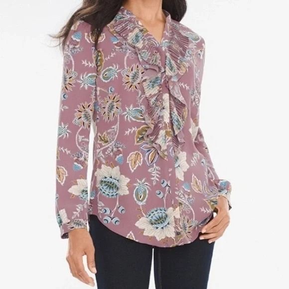 Chico's Floral Ruffled V-Neck Button Down Blouse Long Sleeves Sz XL Cottagecore - Picture 1 of 9